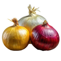 A vibrant trio of onions including yellow, white, and red varieties, showcasing their smooth skins and distinct colors against a dark backdrop.
