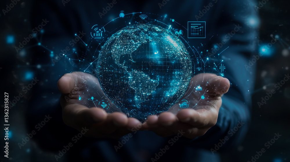 Poster businessman holding a virtual earth globe with cloud technology and global network connection icons 
