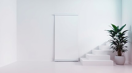 Blank white roller banner stands in a bright interior space