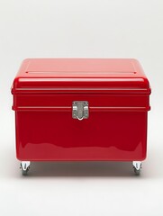 A Shiny Red Storage Trunk with Casters on a White Background
