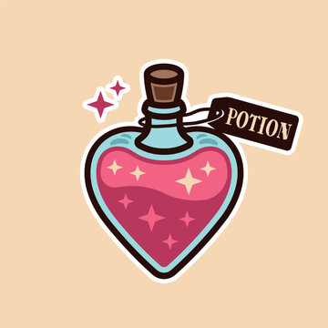 Love potion heart bottle vector colored illustration. Magical elixir in a glass bottle with romantic and mystical vibes. Perfect for fantasy, alchemy, and other designs