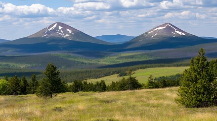 Fototapeta premium Majestic Twin Peaks Mountain Range Landscape with Evergreen Forest