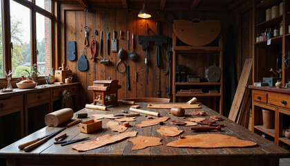 Cozy leather workshop filled with tools and materials  