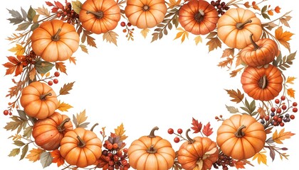 Autumn Harvest Pumpkins Frame with Fall Leaves and Berries Decoration