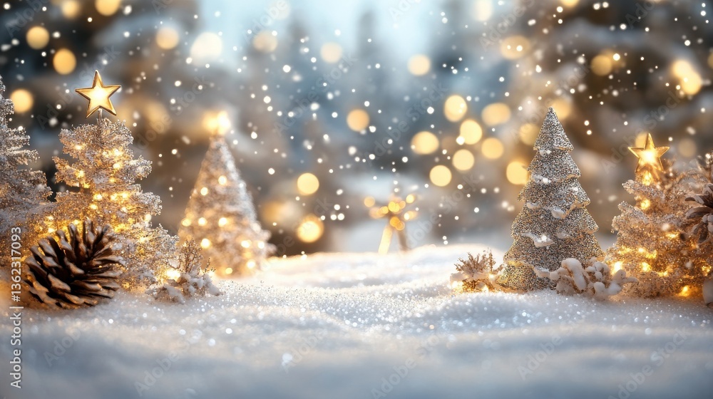 Poster soft, blurred background of white snow with bokeh lights and sparkling stars, creating an enchanting