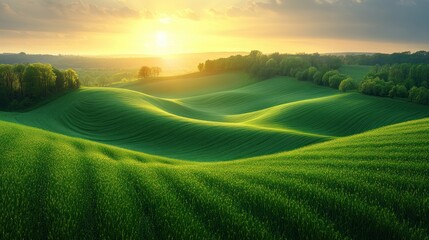 Obraz premium Serene sunset over rolling green hills. Lush landscape bathed in golden light