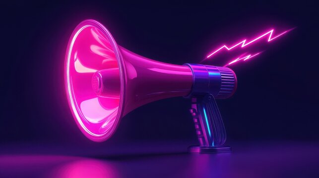 Neon pink and purple megaphone with lightning bolts symbolizing sales promotion and excitement, vibrant marketing, advertising concept