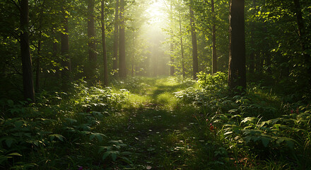 Fototapeta premium Sunlight shining through trees in a dense green forest