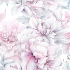 Soft pastel peonies pattern in watercolor floral background