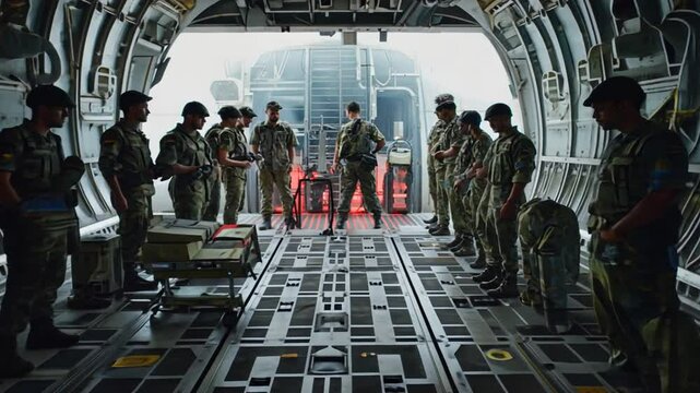 Paratroopers in a military plane.