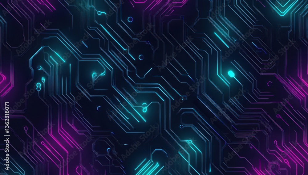 Poster abstract glowing circuit board pattern with purple and blue neon lines