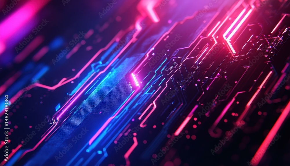 Poster abstract glowing circuit board with pink and blue neon lines