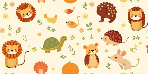 Adorable seamless pattern featuring cute lion, owl, turtle, hedgehog, and mouse illustrations Perfect for textile, packaging, and wallpaper, mouse, textile