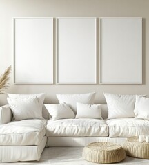 Minimalist living room with three blank frames, white sofa, and natural accents.
