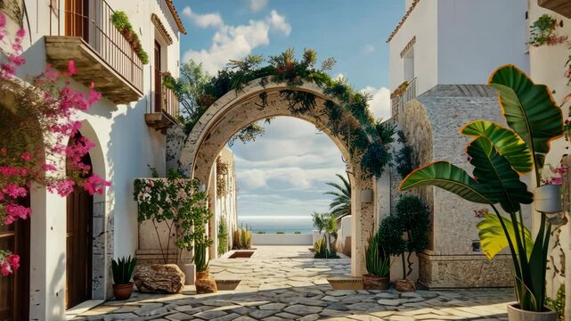 Vibrant flowers decorate charming streets while a stunning arch frames a peaceful view of the sea and sky