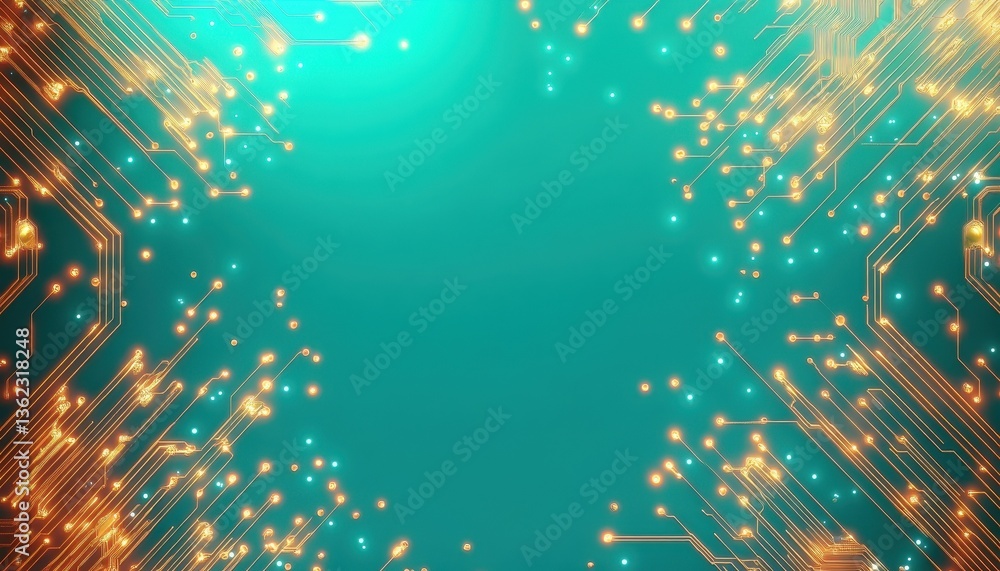 Aufkleber abstract glowing golden circuit board on teal background