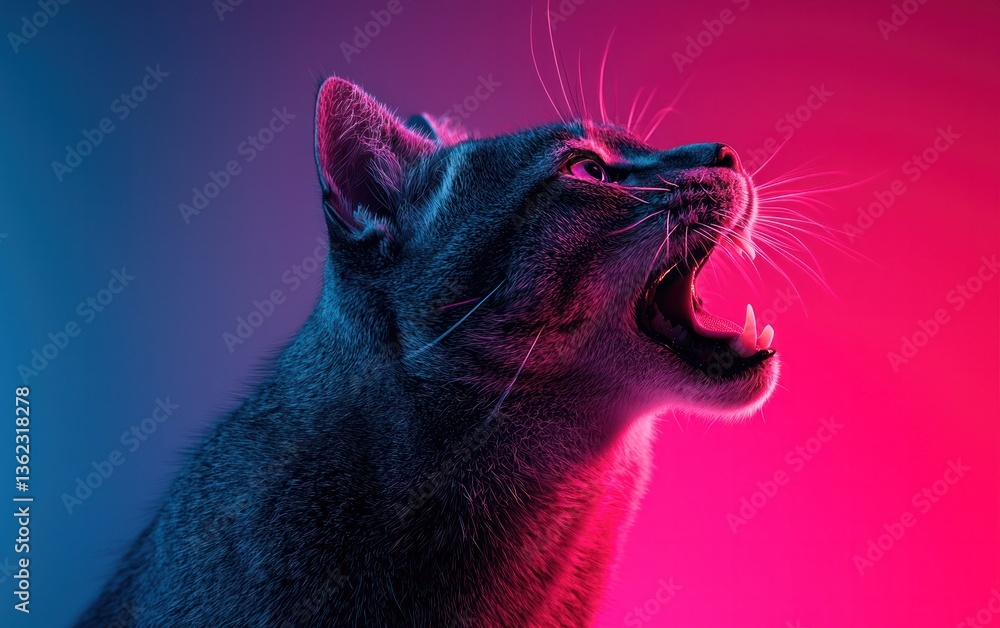 Poster close-up profile view of a cat with glowing pink and blue neon light, appearing as if it is made of 