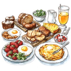 A Delicious and Abundant Breakfast Spread Illustrated Food Still Life.