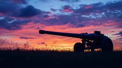 Fototapeta premium Military artillery silhouette at sunset, imposing cannon against colorful sky, evokes strength and historical significance.