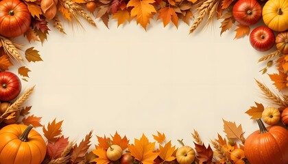 Autumn Pumpkins and Leaves Frame Background with Empty Cream Space