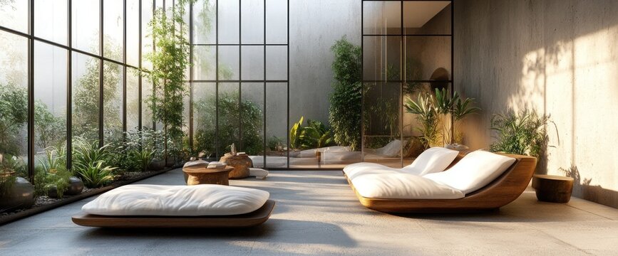 Sunlit zen lounge with floor cushions & wooden daybeds near a wall of windows overlooking a lush garden