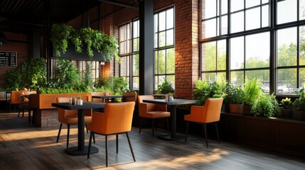 Fototapeta premium Modern Restaurant Interior: A contemporary restaurant interior, bathed in natural light, with a stylish mix of exposed brick and modern decor, creating a welcoming ambiance.