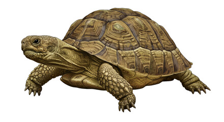 Fototapeta premium A Calm Domestic Tortoise Displaying a Richly Textured Shell in Natural Earthy Tones of Brown and Olive Green