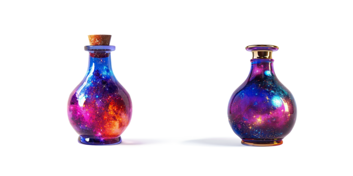 Colorful potion bottle with galaxy-themed liquid on a transparent background