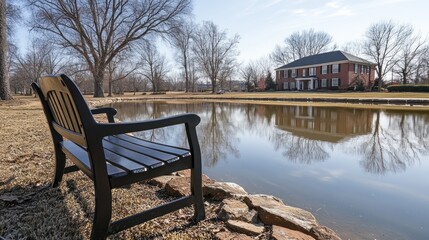Obraz premium Serene park scene black bench by tranquil pond, reflecting grand house, bare winter trees