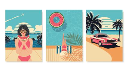Summer Retro Posters. Flat Illustration of Girls in Swimsuits, Retro Vintage Car. Watermelon theme. Vector