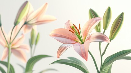 Naklejka premium Blooming Lilies with Buds, Isolated Clean White Background