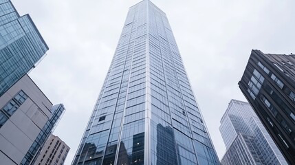 Obraz premium Modern skyscraper towering over city skyline. Glass facade reflecting surrounding buildings. Urban architectural marvel