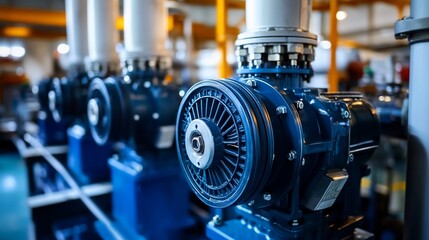 Obraz premium Close-up of industrial blue pumps in a factory setting