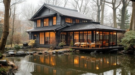 Fototapeta premium Dark wood house by a pond, autumnal setting