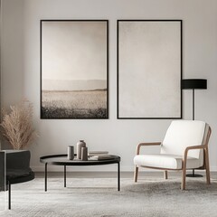 Minimalist living room with two abstract prints, armchair, and coffee table.