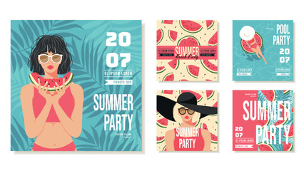 Templates for Summer Invitations for Beach Party, Pool Party in Retro Style. Flat Design of Girls in Swimsuits with Watermelons. Vector