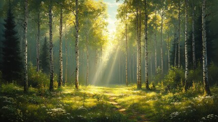 Obraz premium Sunlit path through birch forest, wildflowers carpet the ground