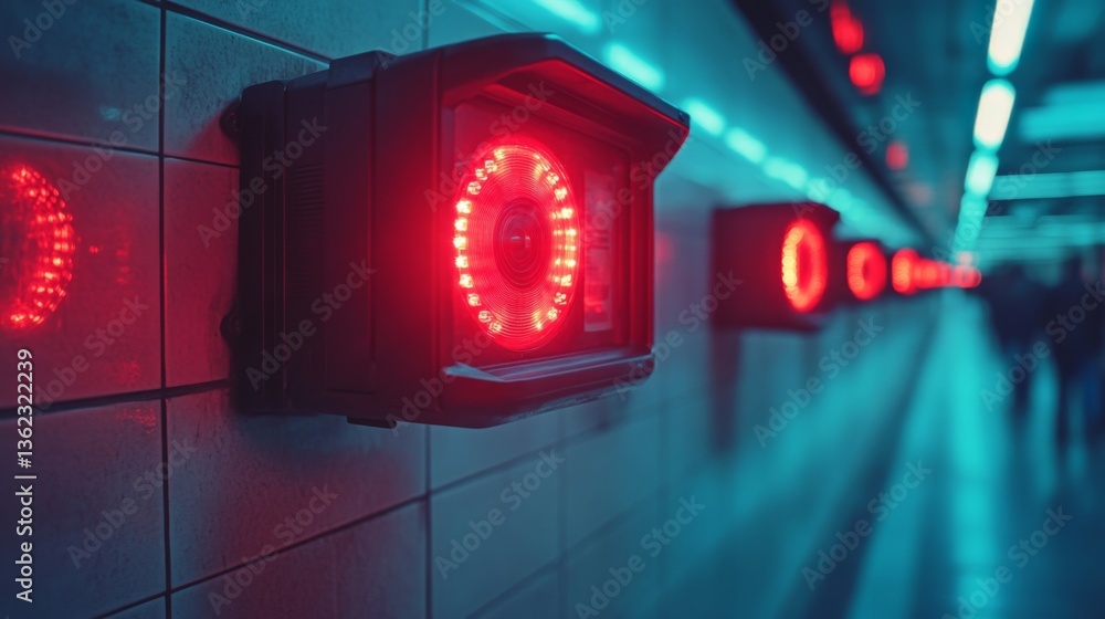 Aufkleber Red lights mounted on walls in a transportation corridor enhance security and monitoring, creating a focused atmosphere for efficient flow and inspection of passengers.