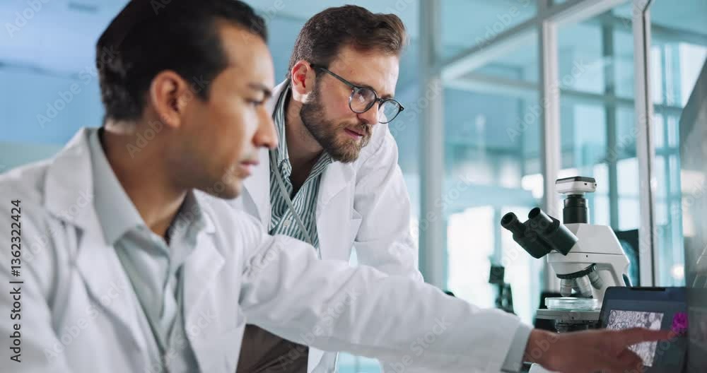 Poster science, research and men with computer, conversation and teamwork with results for experiment, talk