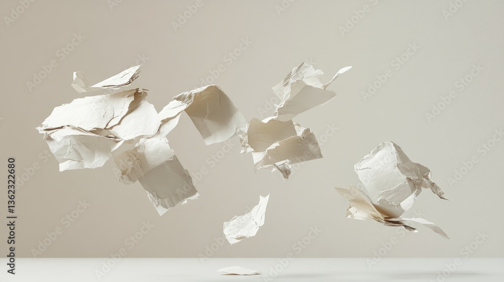 Poster floating torn paper fragments in air against neutral background with soft shadows