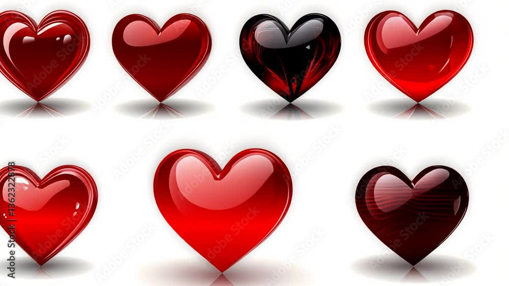 Poster set of red heart icons in various styles and textures generative ai