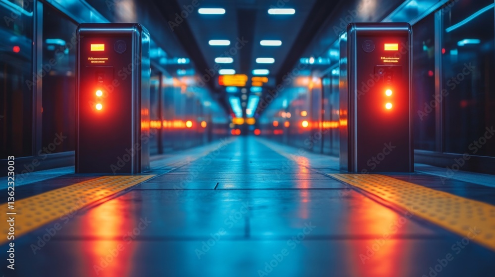 Poster Automated transportation checkpoint featuring illuminated barriers and monitoring systems in a modern urban infrastructure during nighttime operations.