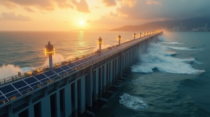 Obraz premium Futuristic Flood Barriers. Retractable Sea Walls Protecting Coastal Metropolis