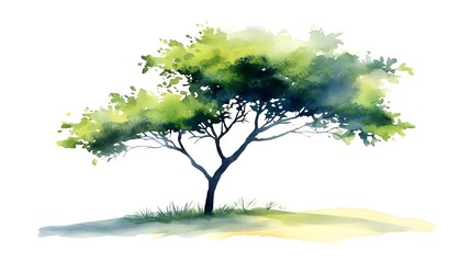 Obraz premium Watercolor Painting of a Lush Green Tree with Foliage and Shadows