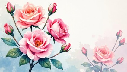 Delicate watercolor roses & buds, soft pastel hues, design, blossom, pink
