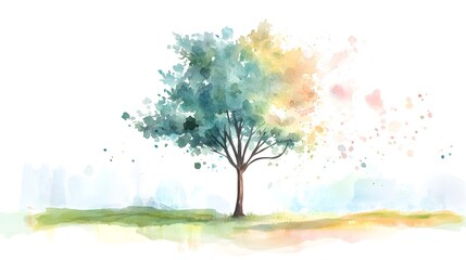 A watercolor painting depicts a solitary tree with colorful foliage