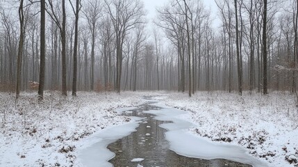 Snowy stream winds through a tranquil winter forest