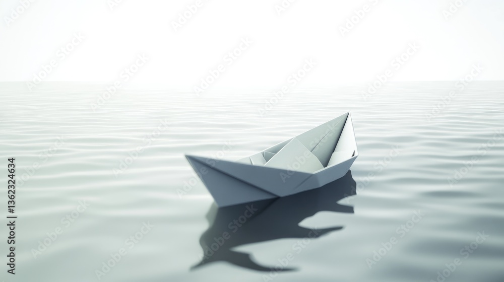 Poster minimalist paper boat on calm water surrounded by soft light creating a serene atmosphere with subtl