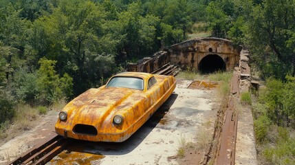 Rusty vehicle on old railway tracks leading to a tunnel.  Intriguing scene