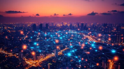 Fototapeta premium Smart City Network: Aerial View of a Connected Metropolis at Sunset